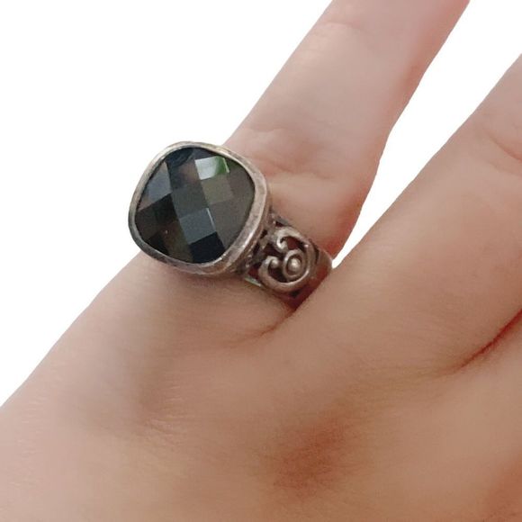 VTG 925 Sterling Silver Faceted Onyx Scroll Filigree Ring Size 6.75 Wide Band - Picture 3 of 11